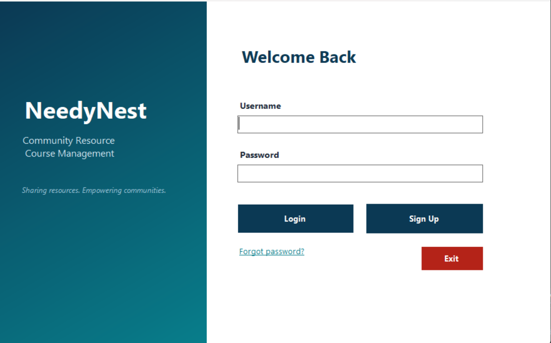 NeedyNest login screen